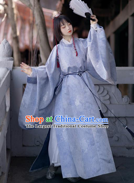 Chinese Ancient Royal Prince Clothing Traditional Hanfu Blue Brocade Robe Ming Dynasty Scholar Garment Costumes