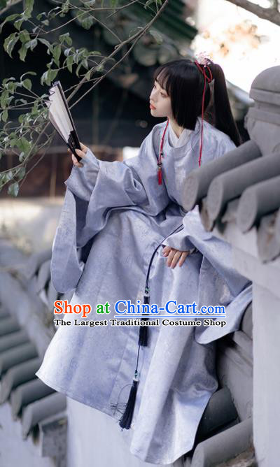 Chinese Ancient Royal Prince Clothing Traditional Hanfu Blue Brocade Robe Ming Dynasty Scholar Garment Costumes