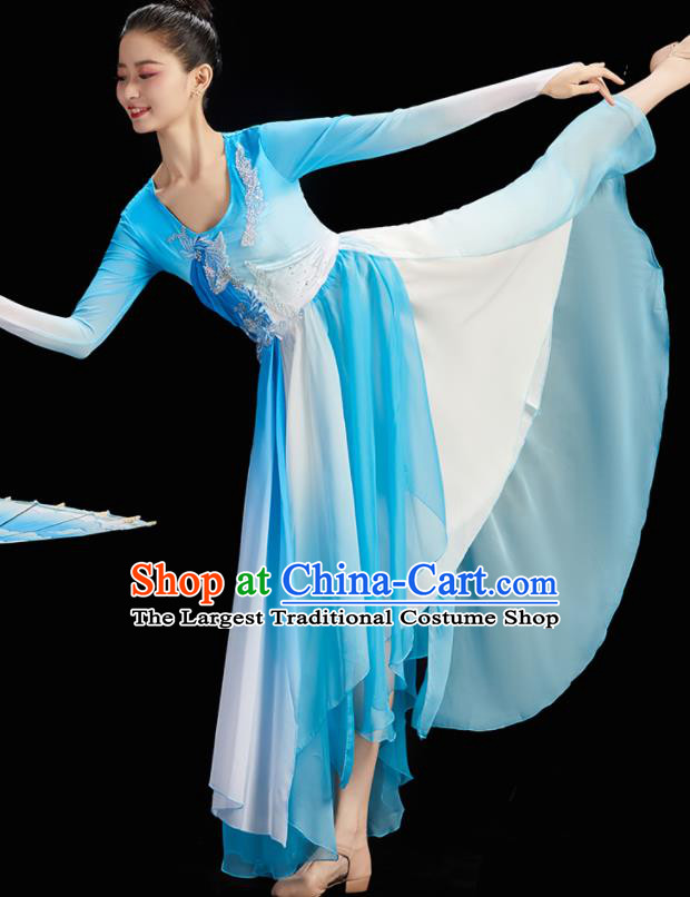 China Umbrella Dance Costume Stage Performance Garment Classical Dance Clothing Women Group Dance Blue Dress