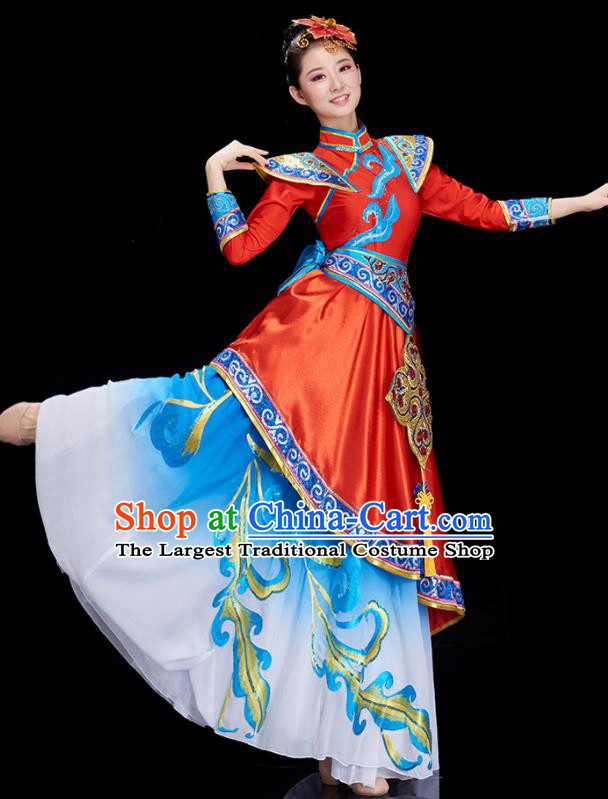 China Mongolian Women Garments Ethnic Costumes Mongol Nationality Dance Red Dress Stage Performance Clothing