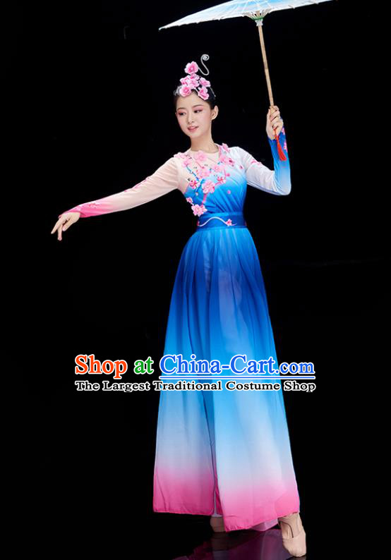 Chinese Women Group Dance Garments Classical Dance Costume Stage Performance Blue Dress Umbrella Dance Clothing
