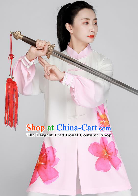 Top Printing Peach Blossom Clothing Tai Chi Outfit Chinese Kung Fu Costumes Tai Ji Training White Uniform