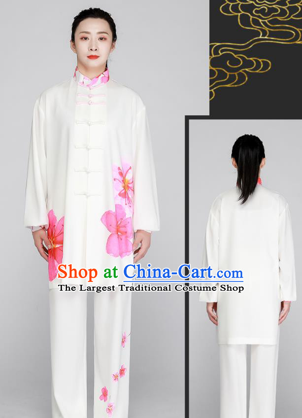 Top Printing Peach Blossom Clothing Tai Chi Outfit Chinese Kung Fu Costumes Tai Ji Training White Uniform