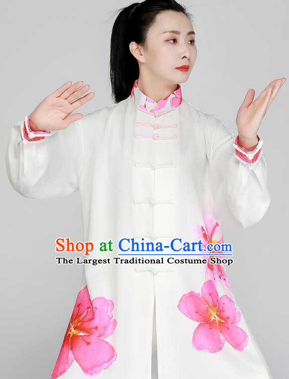 Top Printing Peach Blossom Clothing Tai Chi Outfit Chinese Kung Fu Costumes Tai Ji Training White Uniform