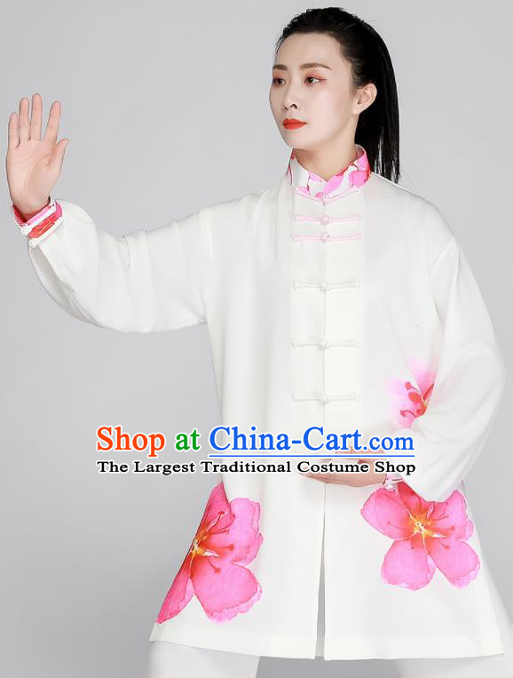 Top Printing Peach Blossom Clothing Tai Chi Outfit Chinese Kung Fu Costumes Tai Ji Training White Uniform
