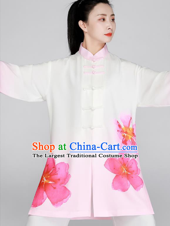 Top Printing Peach Blossom Clothing Tai Chi Outfit Chinese Kung Fu Costumes Tai Ji Training White Uniform