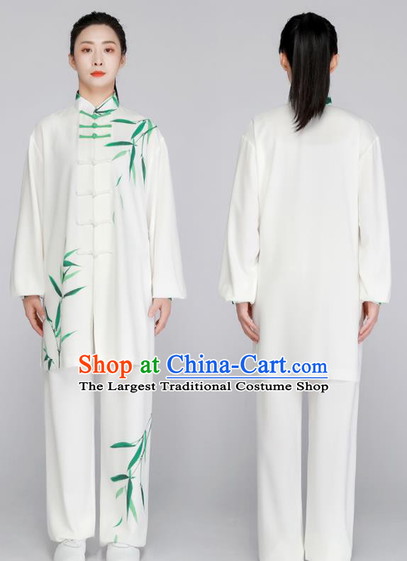 Chinese Tai Ji Competition White Uniform Printing Green Bamboo Leaf Outfit Tai Chi Training Outfit Kung Fu Costumes