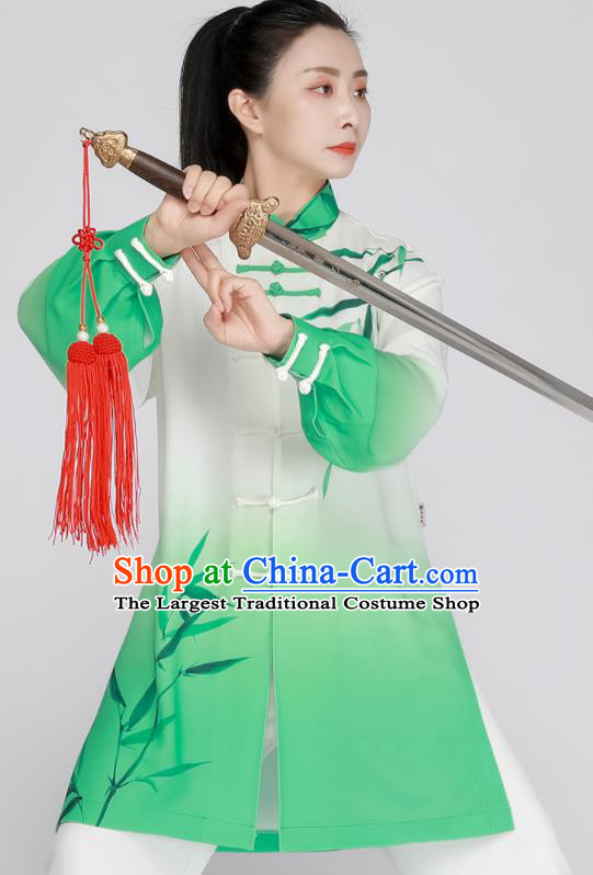Chinese Kung Fu Costumes Tai Ji Competition Green Uniform Printing Bamboo Leaf Outfit Tai Chi Training Outfit