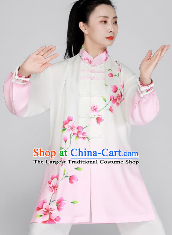 Chinese Tai Chi Outfit Kung Fu Costumes Top Tai Ji Training Light Pink Uniform Printing Peach Blossom Clothing