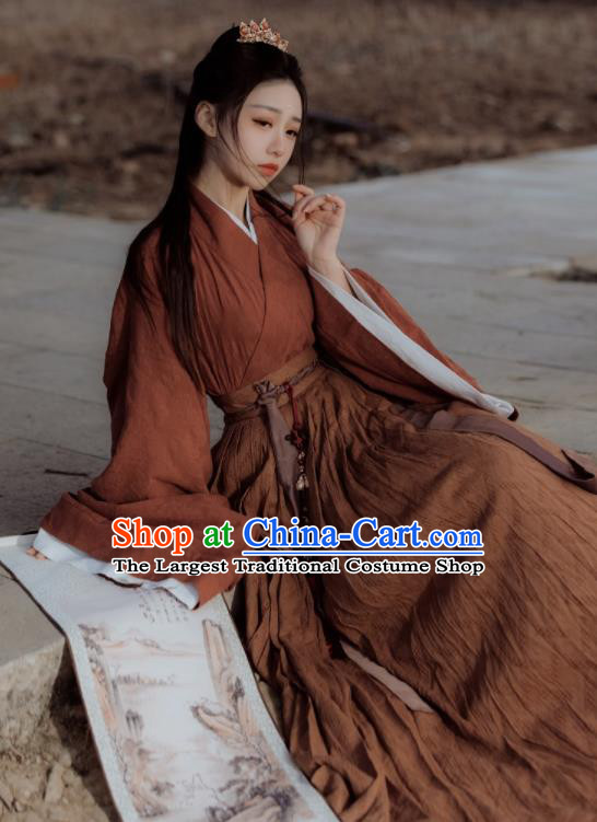 Chinese Jin Dynasty Historical Costumes Traditional Brown Hanfu Clothing Ancient Swordsman Garments