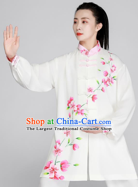 Chinese Printing Peach Blossom Clothing Tai Chi White Outfit Kung Fu Costumes Top Tai Ji Training Uniform