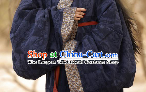 Chinese Han Dynasty Women Historical Costumes Traditional Black Straight Front Robe Hanfu Clothing Ancient Palace Lady Garments