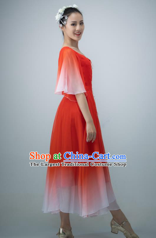 Chinese Opening Dance Clothing Women Group Dance Garment Chorus Performance Costume Modern Dance Red Chiffon Dress