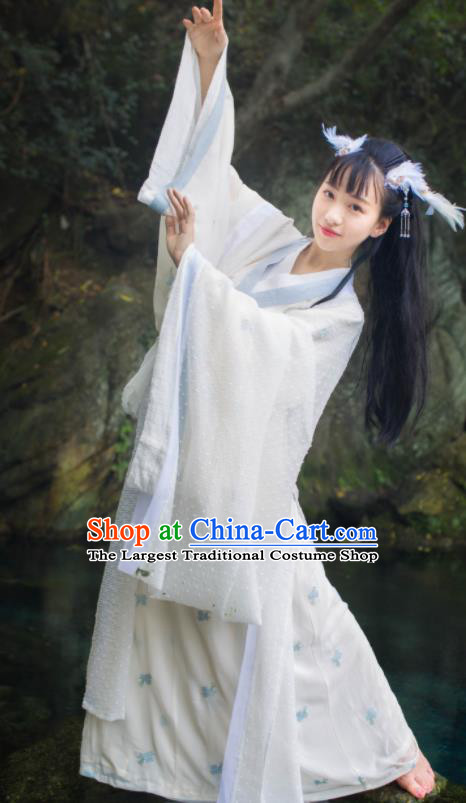 Chinese Traditional Hanfu White Straight Front Robe Clothing Ancient Fairy Dress Garments Jin Dynasty Historical Costumes