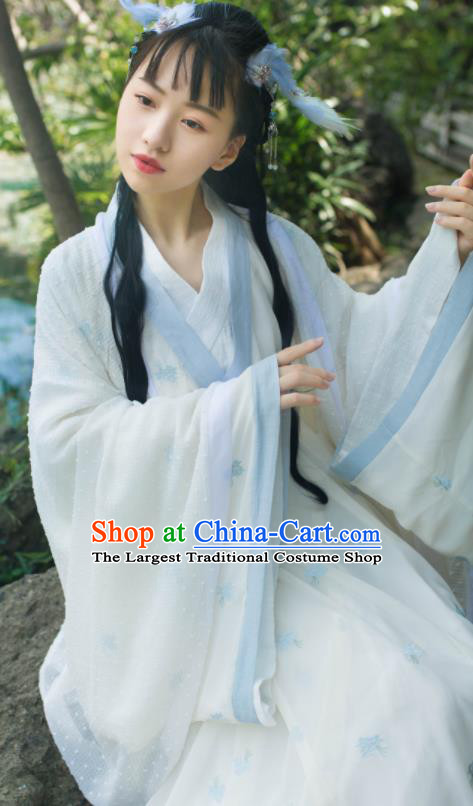 Chinese Traditional Hanfu White Straight Front Robe Clothing Ancient Fairy Dress Garments Jin Dynasty Historical Costumes