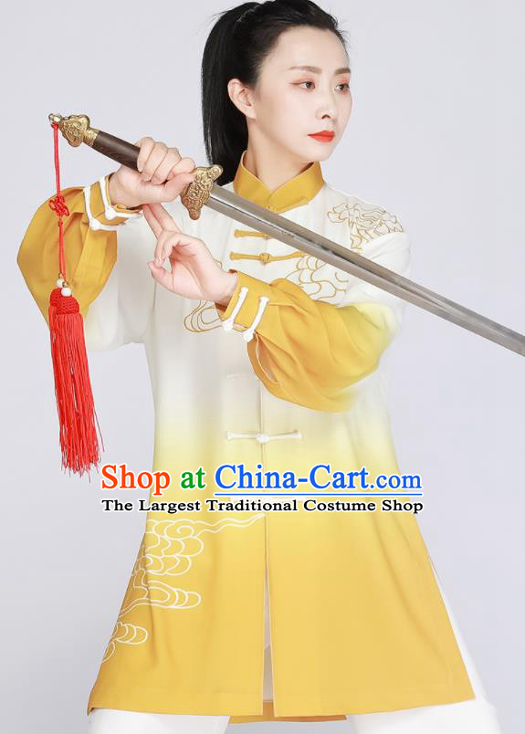 Chinese Printing Clouds Outfit Tai Chi Training Outfit Traditional Kung Fu Costumes Tai Ji Competition Yellow Uniform