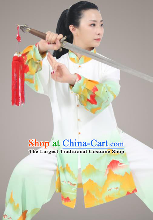 Chinese Tai Ji Competition Light Green Uniform Printing Landscape Outfit Tai Chi Training Outfit Traditional Kung Fu Costumes