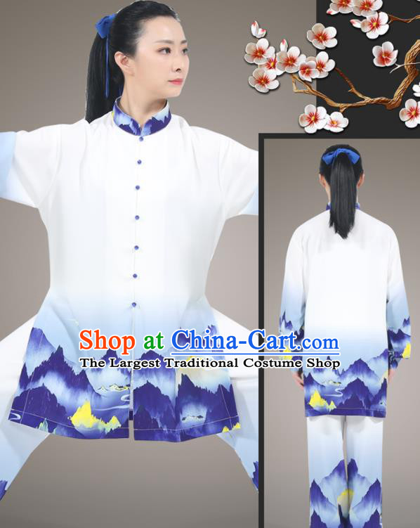 Chinese Traditional Kung Fu Costumes Tai Ji Competition Blue Uniform Printing Landscape Outfit Tai Chi Training Outfit