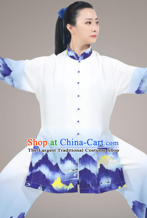 Chinese Traditional Kung Fu Costumes Tai Ji Competition Blue Uniform Printing Landscape Outfit Tai Chi Training Outfit