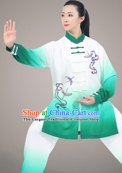 Top Kung Fu Costumes Chinese Tai Ji Training Uniform Martial Arts Competition Clothing Tai Chi Printing Crane Green Outfit