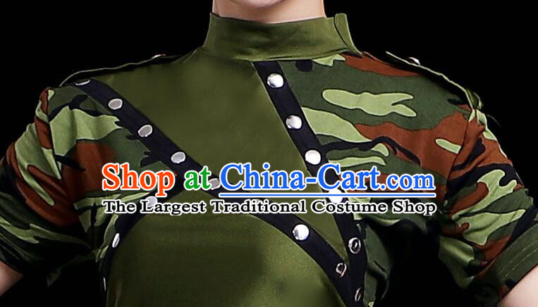 Chinese Female Soldier Dance Costume Modern Dance Green Suit Stage Performance Clothing