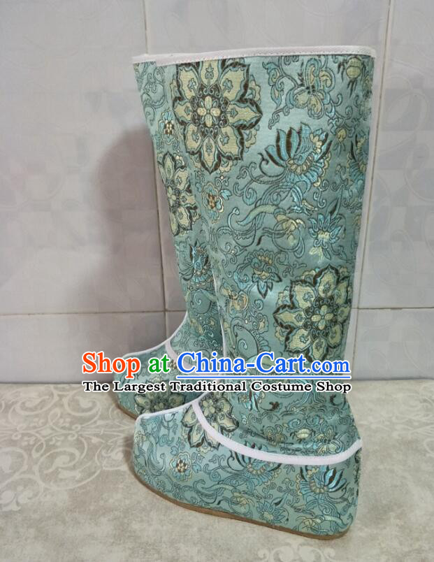 Chinese Hanfu Boots Traditional Green Satin Boots Handmade Shoes Ancient Princess Embroidered Boots