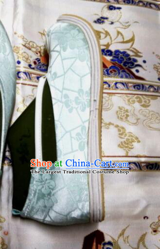 Chinese Handmade Shoes Ancient Princess Shoes Tang Dynasty Hanfu Shoes Traditional Light Blue Satin Boots