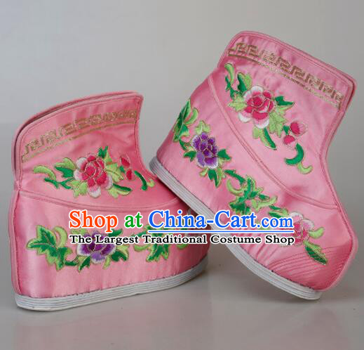 Chinese Traditional Opera Pink Satin Boots Handmade Shoes Ancient Princess Shoes Embroidered Hanfu Boots