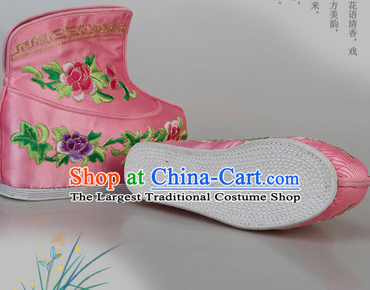 Chinese Traditional Opera Pink Satin Boots Handmade Shoes Ancient Princess Shoes Embroidered Hanfu Boots