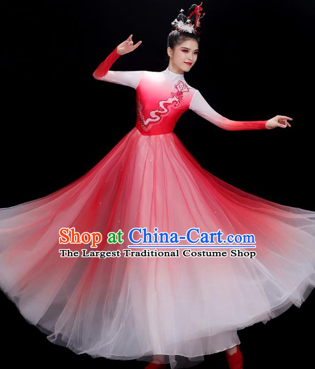China Stage Performance Garments Modern Dance Clothing Opening Dance Megenta Dress Women Chorus Costume