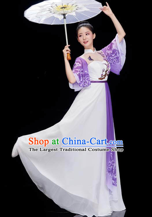 China Chorus Performance Garment Peony Dance Clothing Classical Dance Purple Dress Umbrella Dance Costume