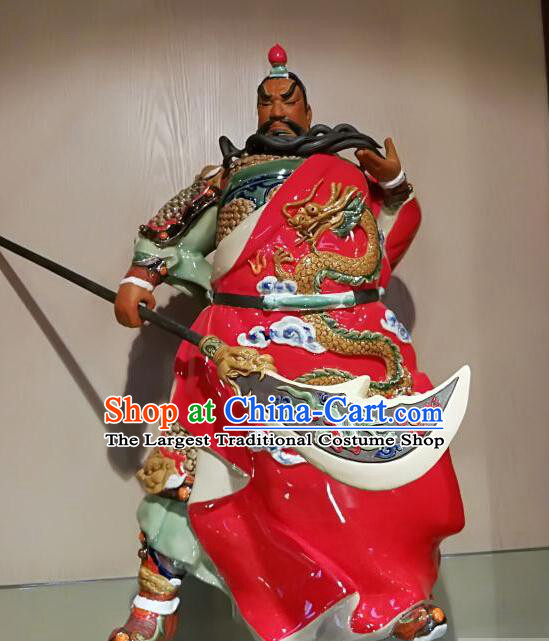 Chinese Shi Wan Ceramic Figurine Handmade 22 inches Guan Yu Porcelain Statue Arts Guan Gong Sculpture