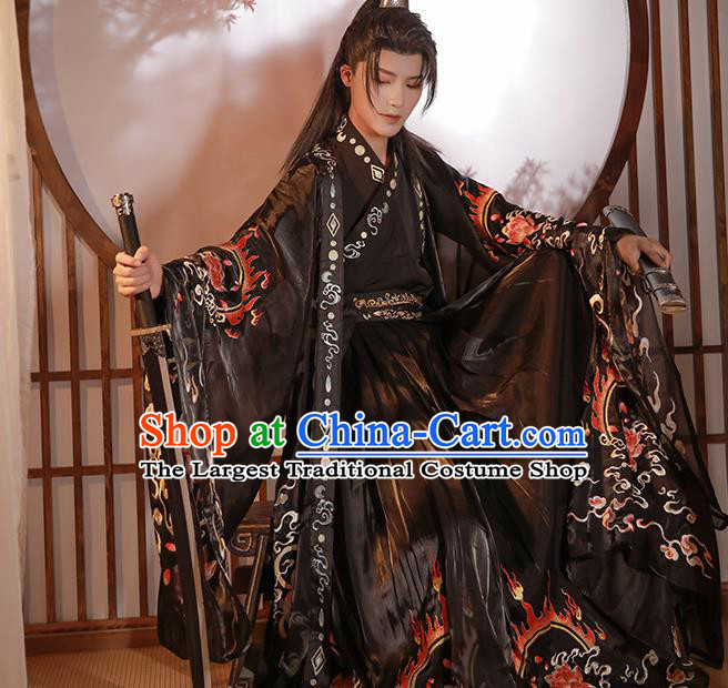 Chinese Song Dynasty Noble Childe Historical Costumes Ancient Swordsman Black Hanfu Clothing