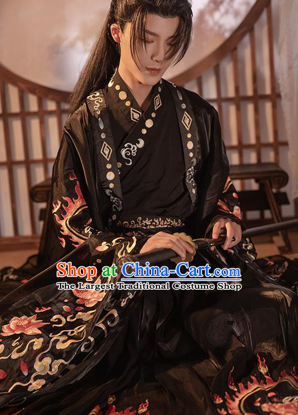 Chinese Song Dynasty Noble Childe Historical Costumes Ancient Swordsman Black Hanfu Clothing