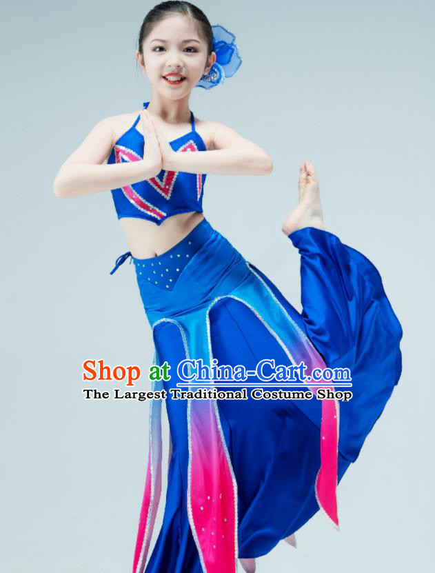 Chinese Peacock Dance Garment Classical Dance Clothing Stage Performance Costume Children Dai Nationality Dance Blue Dress