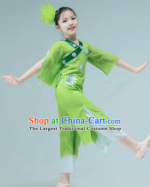 Chinese Folk Dance Clothing Stage Performance Costume Children Yangko Dance Green Outfit Fan Dance Garment