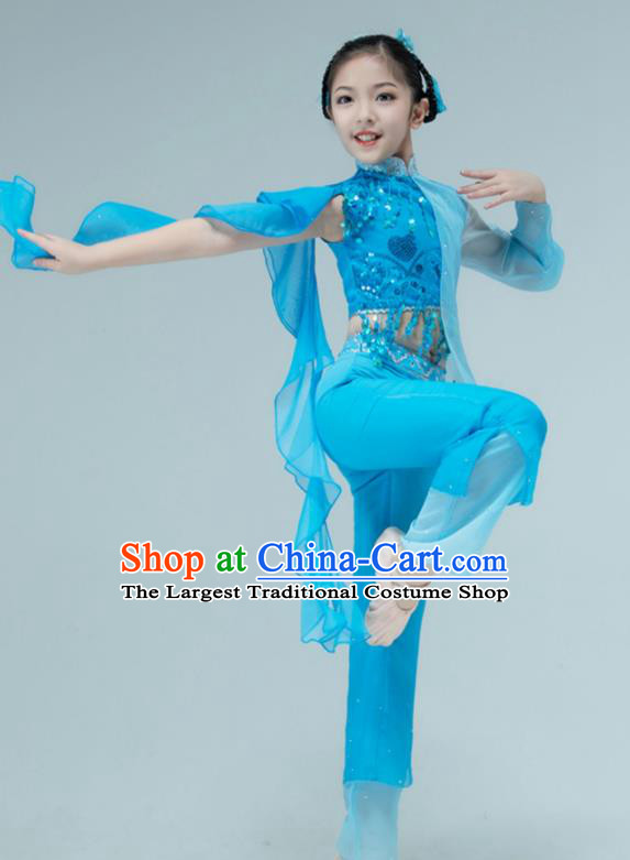 Chinese Children Dance Clothing Stage Performance Costume Folk Dance Blue Outfit Yangko Dance Garment