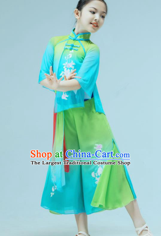 Chinese Yangko Dance Garment Children Dance Clothing Stage Performance Costume Folk Dance Green Outfit