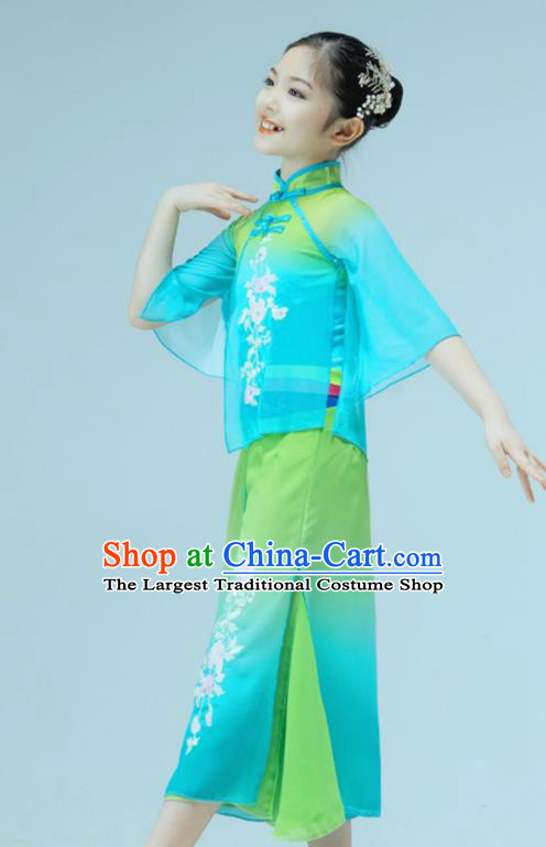 Chinese Yangko Dance Garment Children Dance Clothing Stage Performance Costume Folk Dance Green Outfit