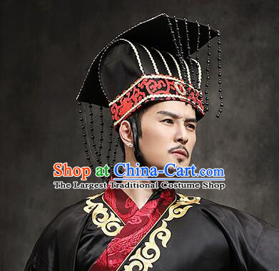 Handmade Qin Shi Huang Hat Traditional Hanfu Headdress Chinese Ancient Qin Dynasty First Emperor Tassel Crown
