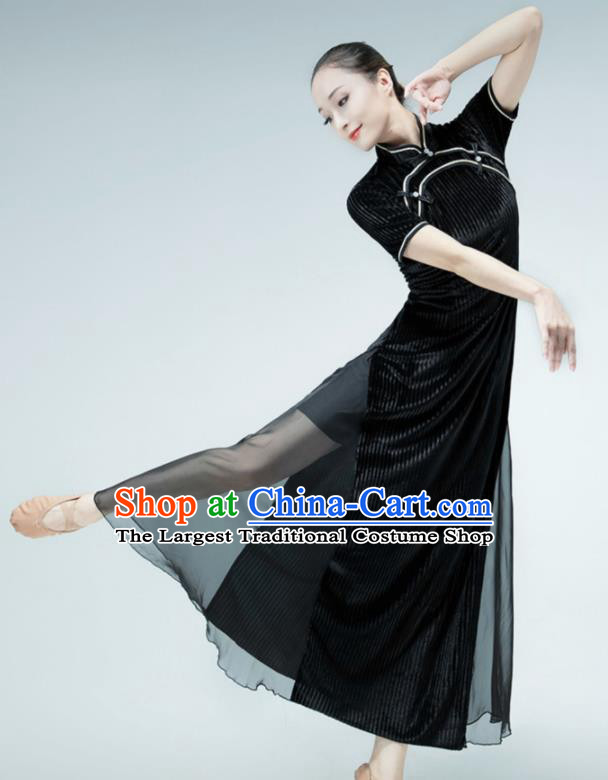 Chinese Woman Solo Dance Black Qipao Ballet Dance Clothing Stage Performance Costume Classical Dance Dress