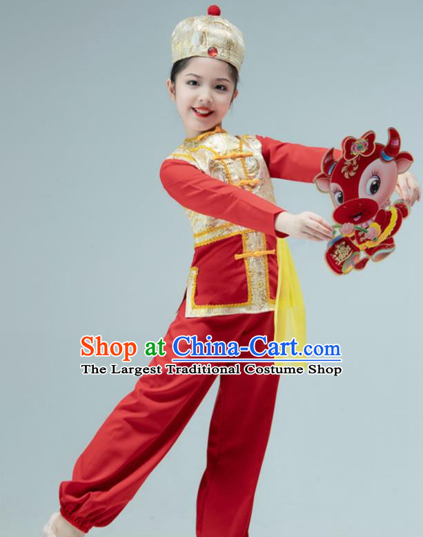 Chinese Folk Dance Red Outfit Children Group Dance Garments Yangko Dance Clothing Stage Performance Costume