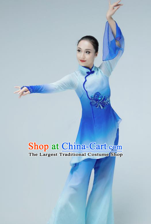 Chinese Yangko Dance Clothing Stage Performance Costume Folk Dance Blue Outfit Fan Dance Garments