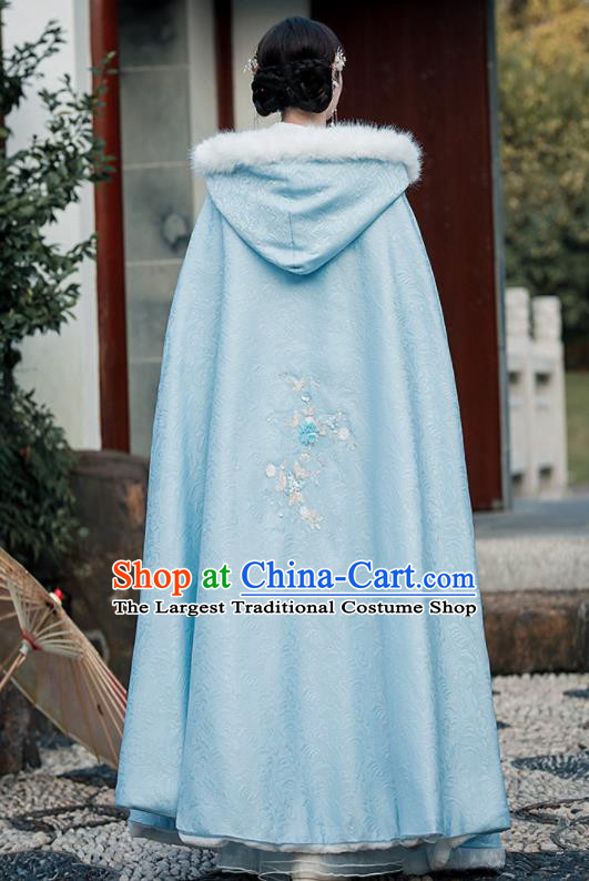 Chinese Ancient Princess Embroidered Mantle Traditional Hanfu Blue Cape Ming Dynasty Young Lady Clothing