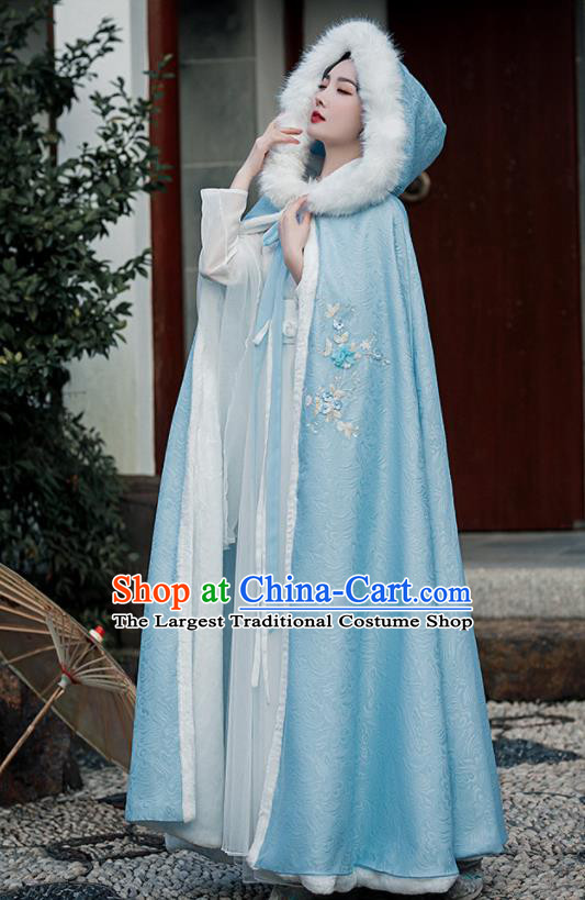 Chinese Ancient Princess Embroidered Mantle Traditional Hanfu Blue Cape Ming Dynasty Young Lady Clothing