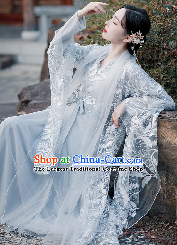 Chinese Traditional Blue Hanfu Dress Jin Dynasty Princess Clothing Ancient Goddess Costumes