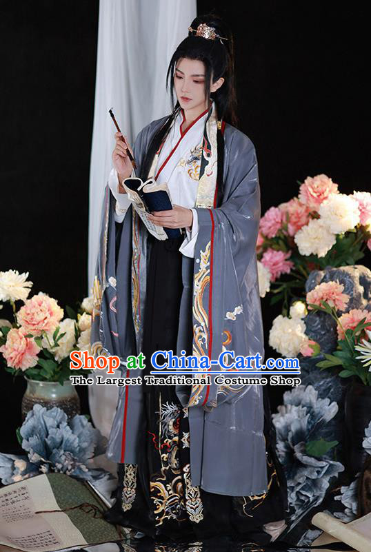 Jin Dynasty Young Childe Garment Costumes Chinese Ancient Prince Clothing Embroidered Hanfu Grey Outfits Complete Set