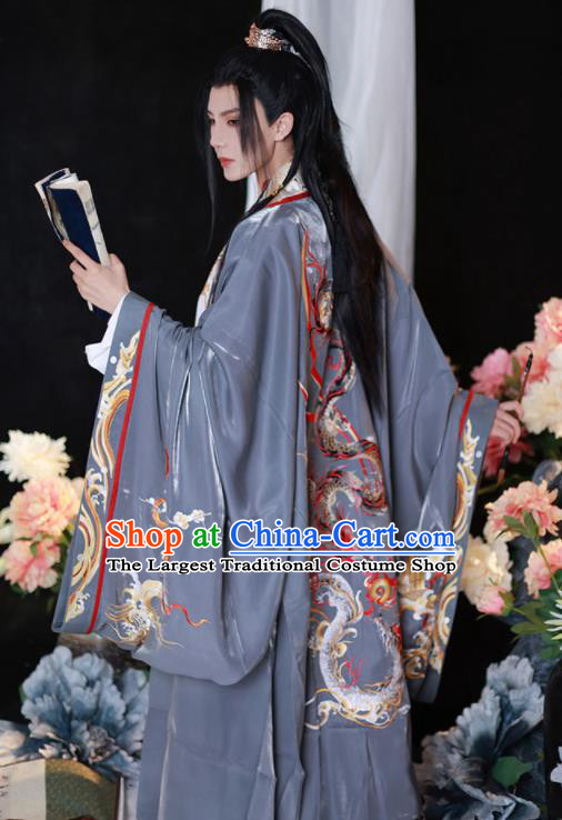 Jin Dynasty Young Childe Garment Costumes Chinese Ancient Prince Clothing Embroidered Hanfu Grey Outfits Complete Set