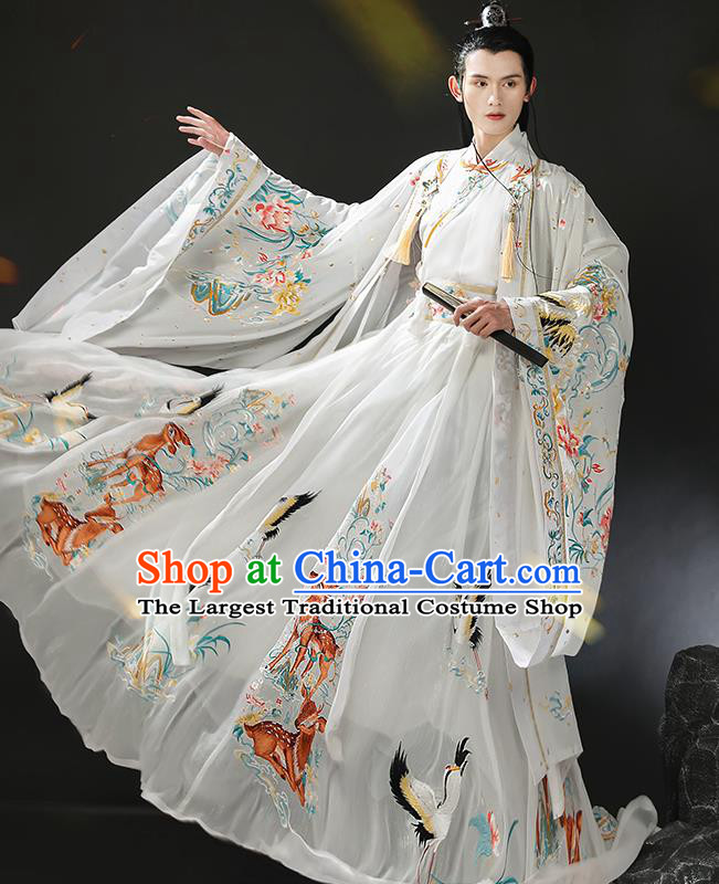 Chinese Ancient Royal Prince Clothing Embroidered White Hanfu Jin Dynasty Noble Childe Garment Costumes
