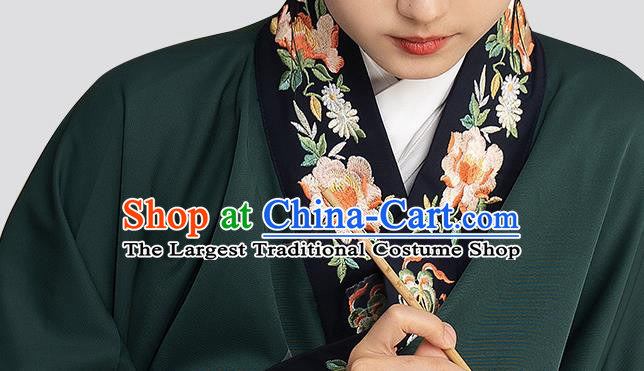 Chinese Traditional Historical Costumes Ming Dynasty Noble Woman Clothing Ancient Countess Dark Green Long Gown and Skirt Complete Set